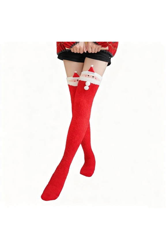 Women's Christmas Santa Face Over Knee Socks Plush Coral Fleece Warm Thigh High Stockings with Pom Pom Detail Holiday Winter Cozy Wear