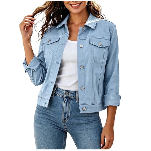 Floleo Women's Classic Denim Jacket Turndown Collar Long Sleeve Button Down Trucker Coat with Flap Chest Pockets Casual Solid Color Crop Outerwear S-XXL