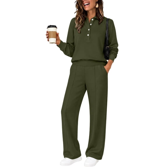 Floleo Women's Collared Button Front Top and Pants Set with Pockets Elastic Waist Long Sleeve Solid Color Loose Fit for Work Travel Home Daily Wear