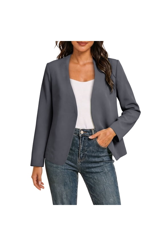 Women's Collarless Open-Front Blazer, Long Sleeve Straight-Fit Casual To Workwear Jacket In Multiple Solid Colors(Dark Gray,S)
