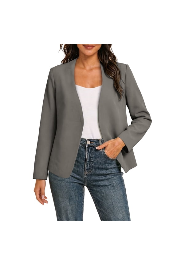 Women's Collarless Open-Front Blazer, Long Sleeve Straight-Fit Casual To Workwear Jacket In Multiple Solid Colors(Gray,S)