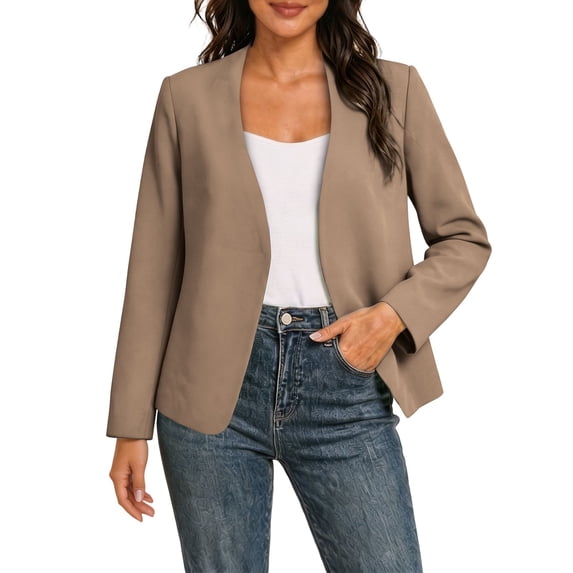 Floleo Women's Collarless Open-Front Blazer, Long Sleeve Straight-Fit Casual To Workwear Jacket In Multiple Solid Colors(Khaki,S)