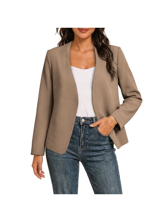 Women's Collarless Open-Front Blazer, Long Sleeve Straight-Fit Casual To Workwear Jacket In Multiple Solid Colors(Khaki,S)