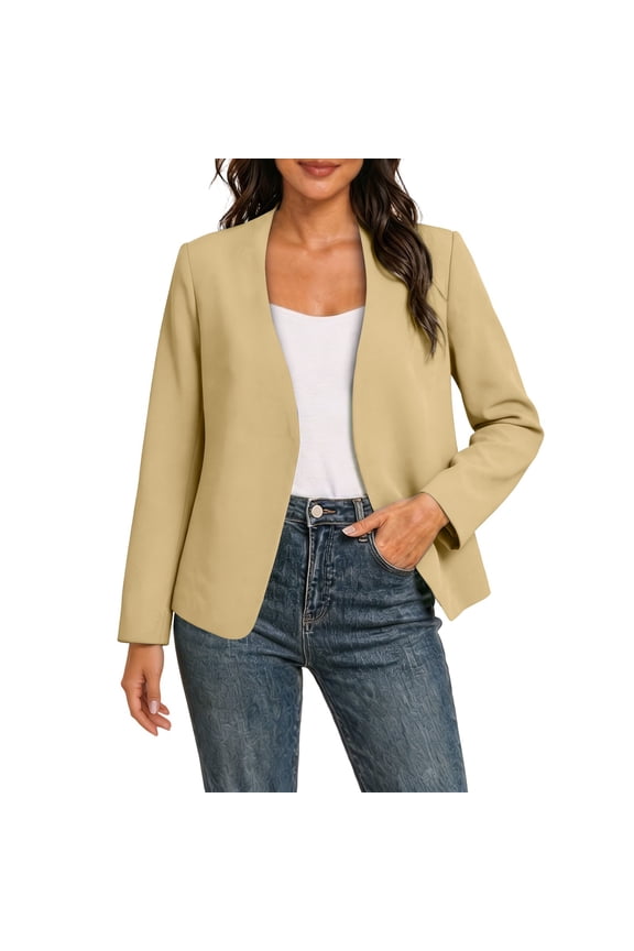 Women's Collarless Open-Front Blazer, Long Sleeve Straight-Fit Casual To Workwear Jacket In Multiple Solid Colors(Yellow,S)