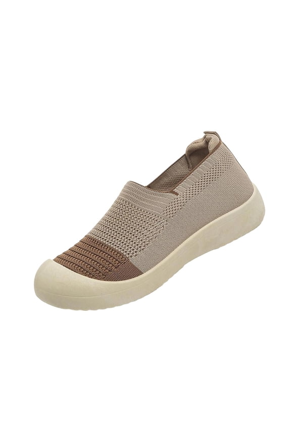 Women's Color Block Hollow Knit Slip On Wedge Walking Shoes, Breathable Mesh Soft Cushioned Casual Daily Footwear(Khaki,5.5)