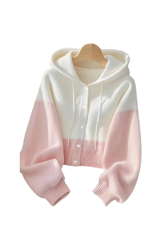Women's Color Block Hooded Knit Cardigan, Button-Front Long Sleeve Cropped Sweater In Soft Pastel & Neutral Tones(Pink,S)