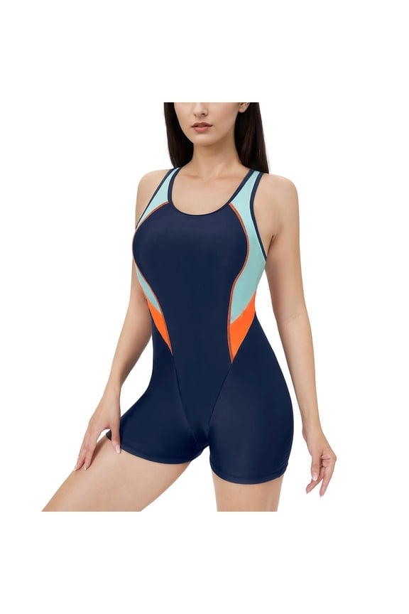 Women’s Color-Block One-Piece Boyleg Swimsuit Racerback Athletic Swimwear with Built-In Bra for Lap Swimming and Water Sports(Navy,2XL)