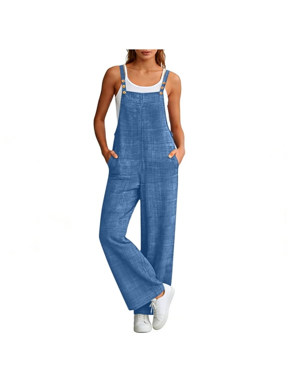 Women's Cotton Linen Sleeveless Jumpsuit Overalls Adjustable Button Straps Side Pockets Wide Leg Loose Fit Summer Vacation Casual Daily Wear