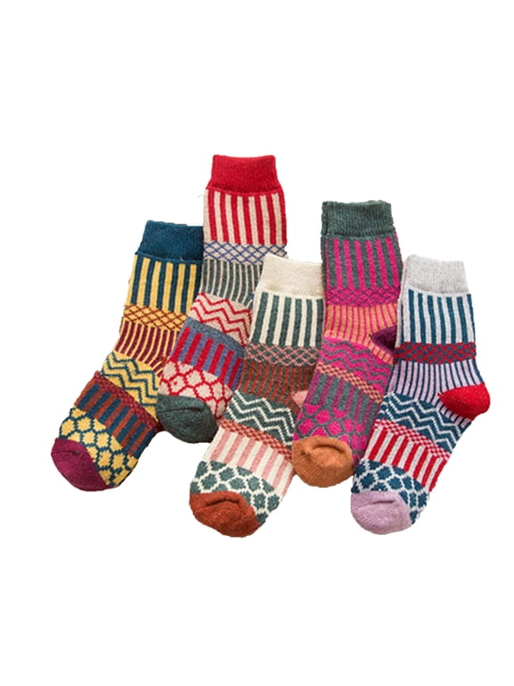 Women's Cozy Rabbit Wool Blend Crew Socks Colorful Striped Geometric Pattern Thermal Warm Winter Daily Home Office Mid Calf Tube Socks (5 Pairs)