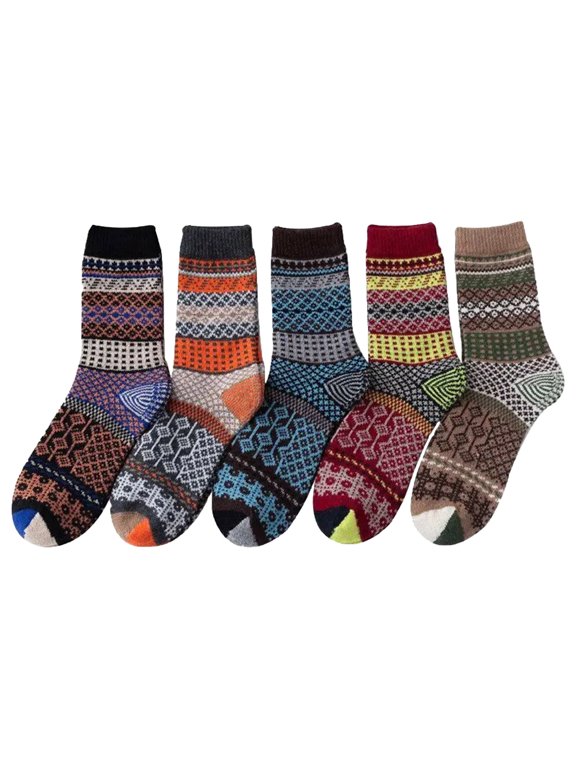 Women's Cozy Rabbit Wool Blend Mid Calf Socks Multicolor Geometric Grid Pattern Thermal Winter Crew Socks for Home Office Daily Wear (5 Pairs)