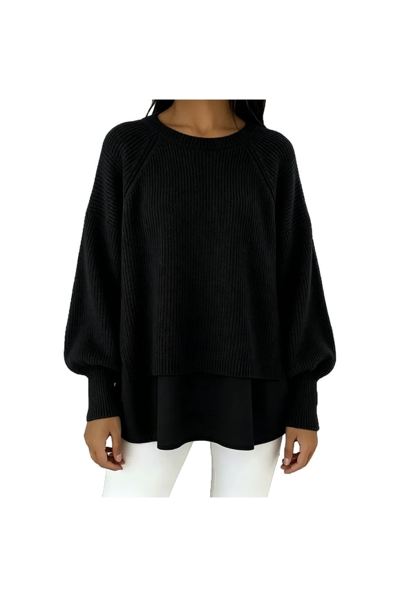 Women's Crew Neck Balloon Sleeve Ribbed Knit Sweater with Chiffon Spliced Hem Loose Fit Casual Pullover Top for Fall Winter