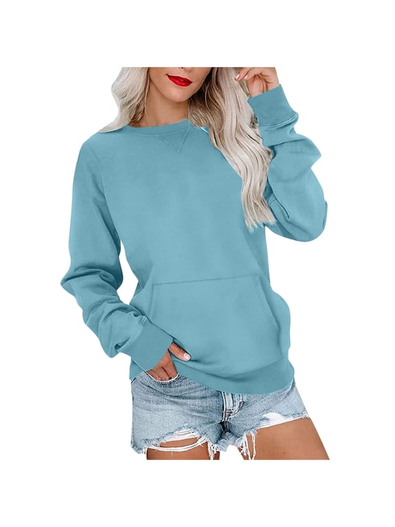 Women's Crewneck Sweatshirt Long Sleeve Pullover with Front Pouch Pocket Drop Shoulder Relaxed Fit Solid Color Casual Top for Fall Winter Wear