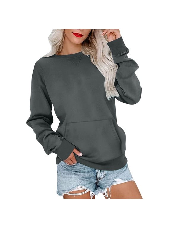 Women's Crewneck Sweatshirt Long Sleeve Pullover with Front Pouch Pocket Drop Shoulder Relaxed Fit Solid Color Casual Top for Fall Winter Wear