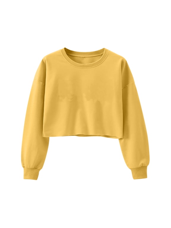 Women's Cropped Crewneck Sweatshirt Long Sleeve Drop Shoulder Loose Fit Solid Color Casual Pullover Top with Ribbed Cuffs for Fall Winter Spring Daily Wear