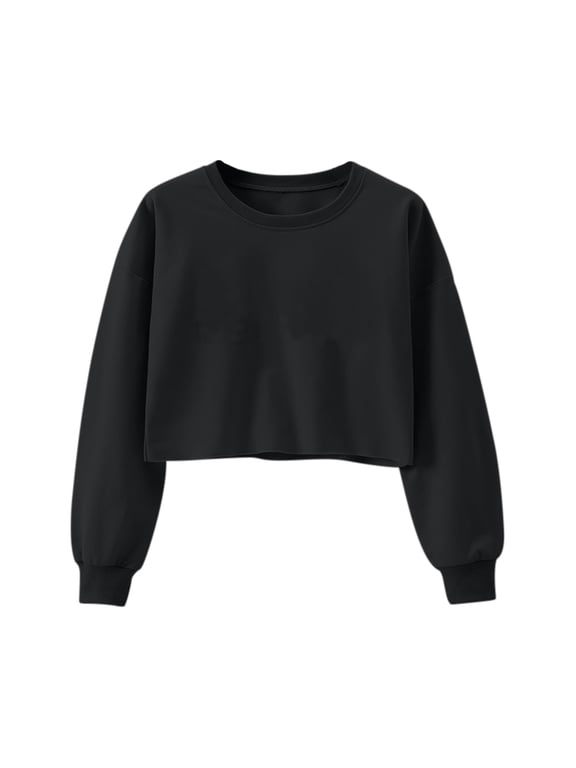 Women's Cropped Crewneck Sweatshirt Long Sleeve Drop Shoulder Loose Fit Solid Color Casual Pullover Top with Ribbed Cuffs for Fall Winter Spring Daily Wear
