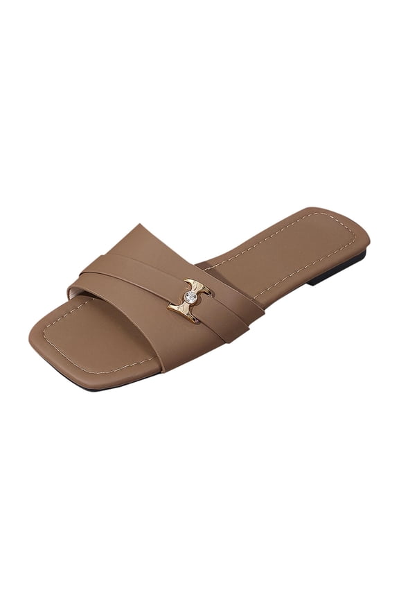 Women's Cross Band Square Toe Slide Sandals, Inlaid Rhinestone Metal Ornament Slip-On Footwear, Four Neutral Tone Soft Lining Non-Slip Daily Summer Casual Slippers(Brown,5.5)