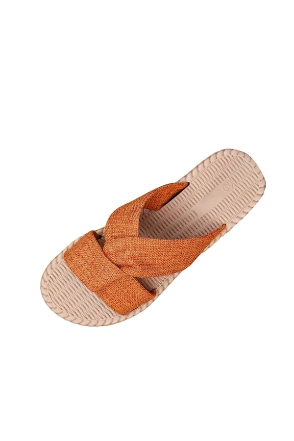Women's Cross Strap Fabric Slide Sandals, Open Toe Woven Trim Midsole Slip-On Footwear, Five Solid Tone Lightweight Non-Slip Summer Casual & Beach Slippers(Orange,7.5)