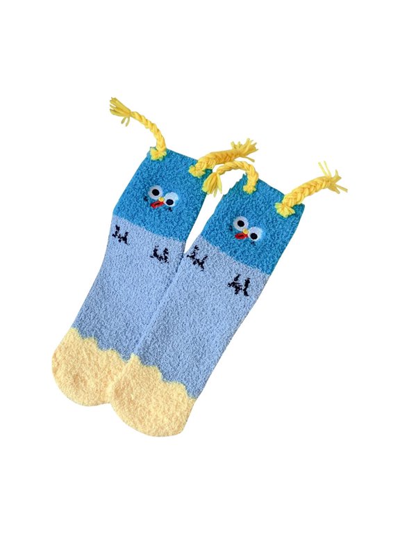 Women's Cute Blue Monster Fuzzy Floor Socks Plush Fleece Lined Winter Warm Home Socks with Novelty Yarn Hair and Braids for Indoor Cozy Comfort