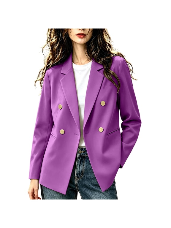 Women's Double Breasted Blazer with Gold Buttons and Notched Lapel Long Sleeve Versatile Work Office Business Casual Jacket.