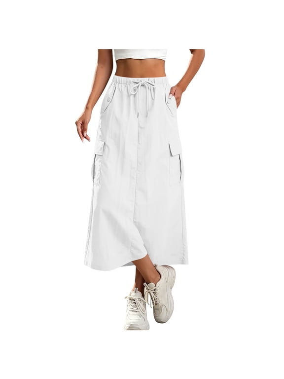 Women's Drawstring Elastic Waist Cargo Midi Skirt Casual A-Line Utility Skirt with Pockets Solid Color Split Back Maxi Skirt Outdoor Daily Wear Skirt for Women(White,2XL)