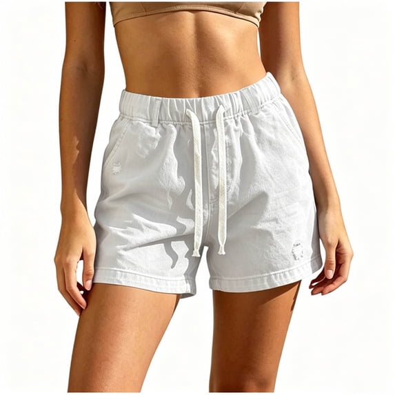 Floleo Women's Elastic Waist Drawstring Denim Shorts Casual High Waist Loose Fit Jean Shorts Washed Denim with Subtle Distressing Everyday Beach Shorts with Pockets for Women(White,M)