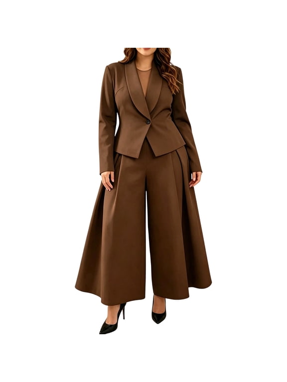 Women's Elegant V Neck Single Button Blazer and Wide Leg Pants Two Piece Suit Set Long Sleeve Solid Color Office Chic Formal Event Outfit