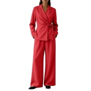 Floleo Women's Elegant Wrap Front Blazer and High Waist Wide Leg Pants Set Lapel Collar Tie Waist Side Pockets Long Sleeve Office Business Suit