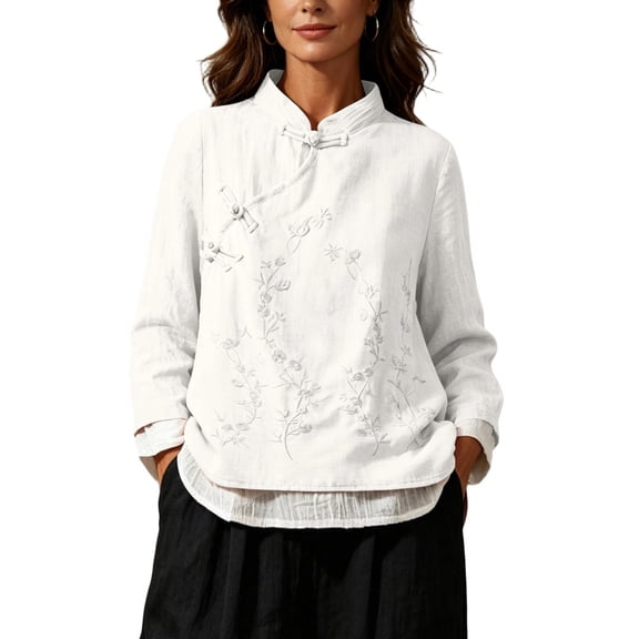 Floleo Women's Embroidered Mandarin Collar Blouse Long Sleeve Frog Button Closure Loose Fit Casual Retro Top with Floral Pattern for Spring Fall