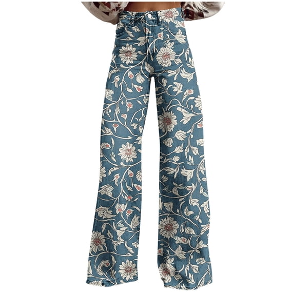 Floleo Women's Floral Print High Waist Flare Jeans Denim Look Wide Leg Trousers with Button Fly and Side Pockets Casual Boho Vintage Style Pants for Daily Wear