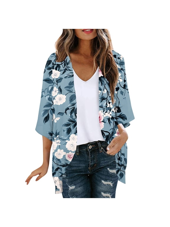 Women's Floral Print Open-Front Kimono Cardigan, 3/4 Sleeve Lightweight Casual Cover-Up In Blue Floral Pattern(Multicolor,2XL)