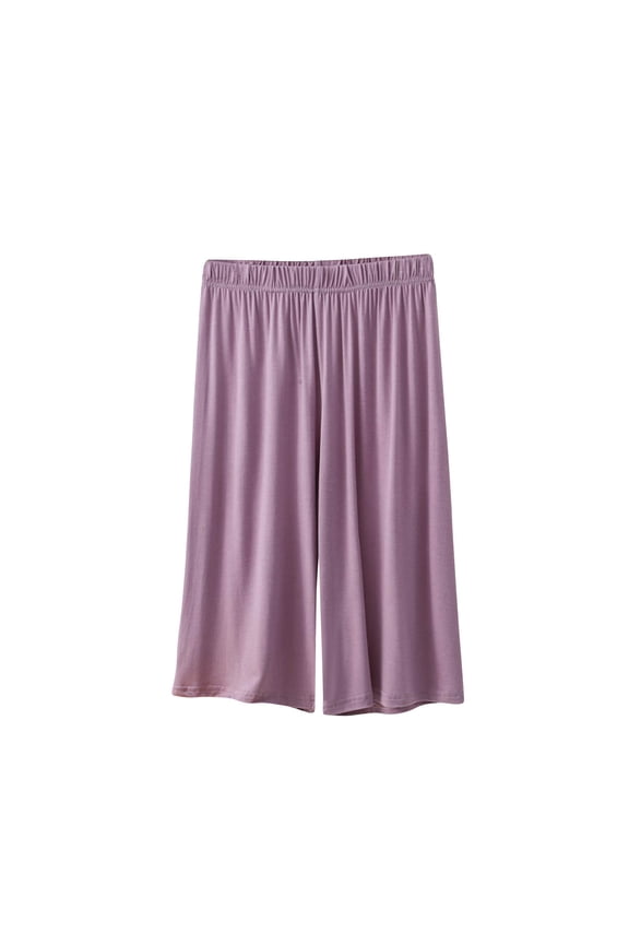 Women's Full Elastic Waist Mid-Calf Wide Leg Casual Culotte Shorts with Side Pockets, Solid Tone Soft Knit Bottoms for Indoor Rest and Warm Weather Daily Errands (Purple,M)