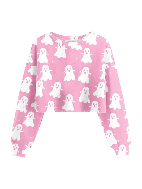 Women's Ghost Print Crop Sweatshirt Long Sleeve Crewneck Pullover Allover Halloween Graphic Relaxed Fit Casual Top for Fall Festive Daily Wear