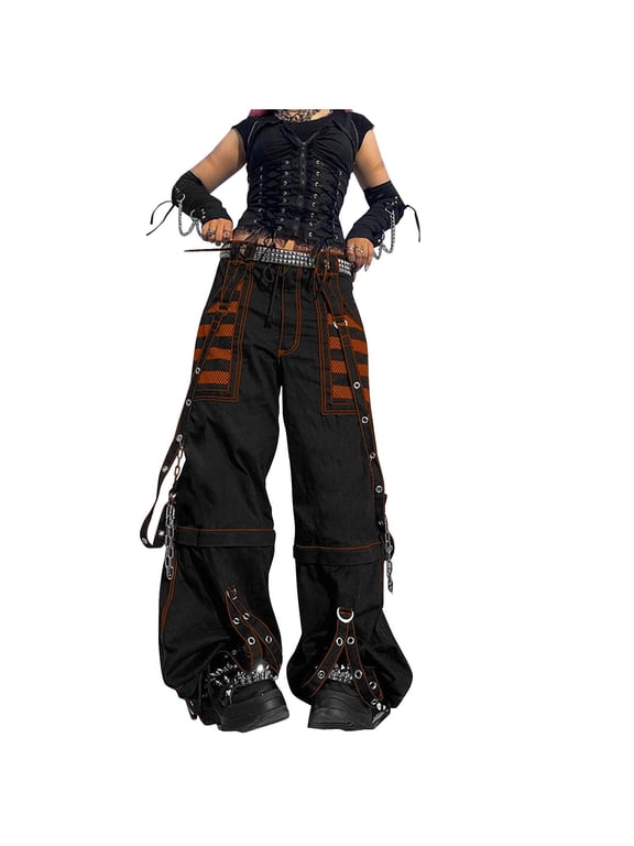 Women's Gothic Mesh Panel Wide Leg Cargo Pants with Chains and Straps High Waist BAGGY Streetwear Trousers for Fashion and Daily Wear