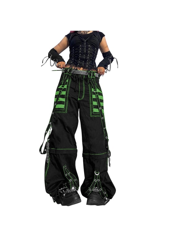 Women's Gothic Mesh Panel Wide Leg Cargo Pants with Chains and Straps High Waist BAGGY Streetwear Trousers for Fashion and Daily Wear