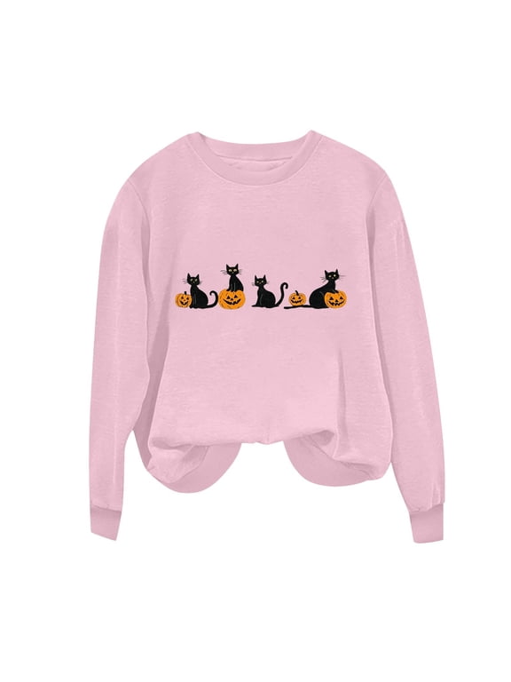 Women's Halloween Cat Graphic Sweatshirt Long Sleeve Crewneck Pullover with Pumpkin Print Relaxed Fit Casual Round Neck Top for Fall Winter Daily Wear