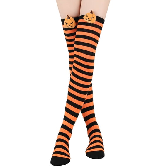 Floleo Women's Halloween Striped Over Knee Socks Cute Pumpkin Charm Thigh High Stockings Soft Stretch Holiday Party Wear Trendy Graphic Print Accessory
