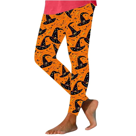 Floleo Women's Halloween Witch Hat Print Leggings High Waist Stretch Yoga Pants Full Length Patterned Tights for Fall Festive Gym Casual Daily Wear