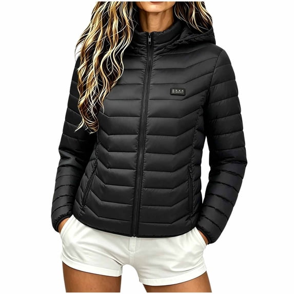 Floleo Women's Heated Puffer Jacket 21 Heating Zones 4 Temperature Controls USB Rechargeable Lightweight Winter Coat with Hood for Cold Weather Outdoor Activities