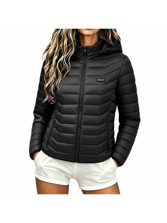 Women's Heated Puffer Jacket 21 Heating Zones 4 Temperature Controls USB Rechargeable Lightweight Winter Coat with Hood for Cold Weather Outdoor Activities