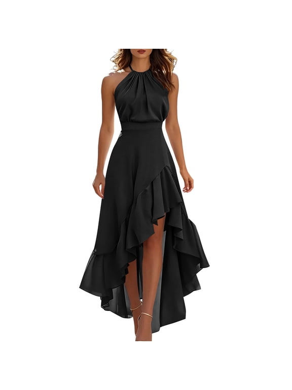 Women's High-Low Halter Neck Ruffle Maxi Dress Sleeveless Chiffon Wedding Guest Dress Ruched Waist Asymmetrical Party Dress Elegant Flowy Formal Evening Sundress(Black,M)