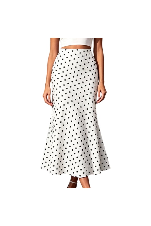 Women's High Waist Polka Dots Midi Skirt Elegant Flared Fishtail a-Line Skirt Bodycon Flowy Printed Long Skirt Office Party Casual Wear Skirt for Women(White,L)