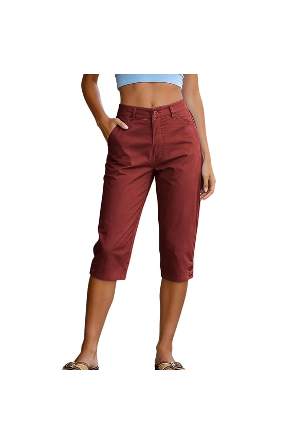 Women's High Waisted Chino Cropped Pants Button Closure Calf-Length Trousers with Hem Detail Stretch Casual Trousers with Pockets for Everyday Office Wear(Wine,M)