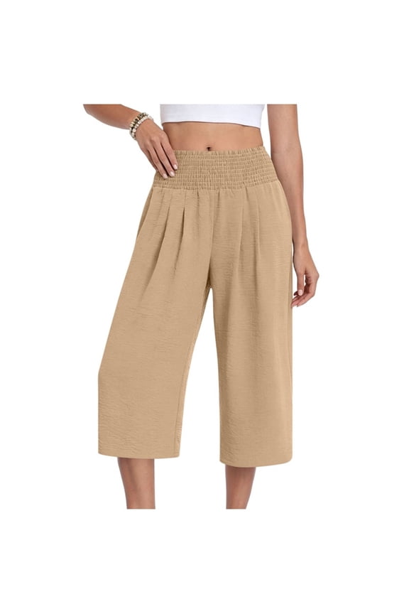 Women's High Waisted Foldable Solid Color Captcha Pants with Elastic Waist Casual Comfortable Breathable Multifunctional and Fashionable Must-Have for All Seasons(Khaki,M)