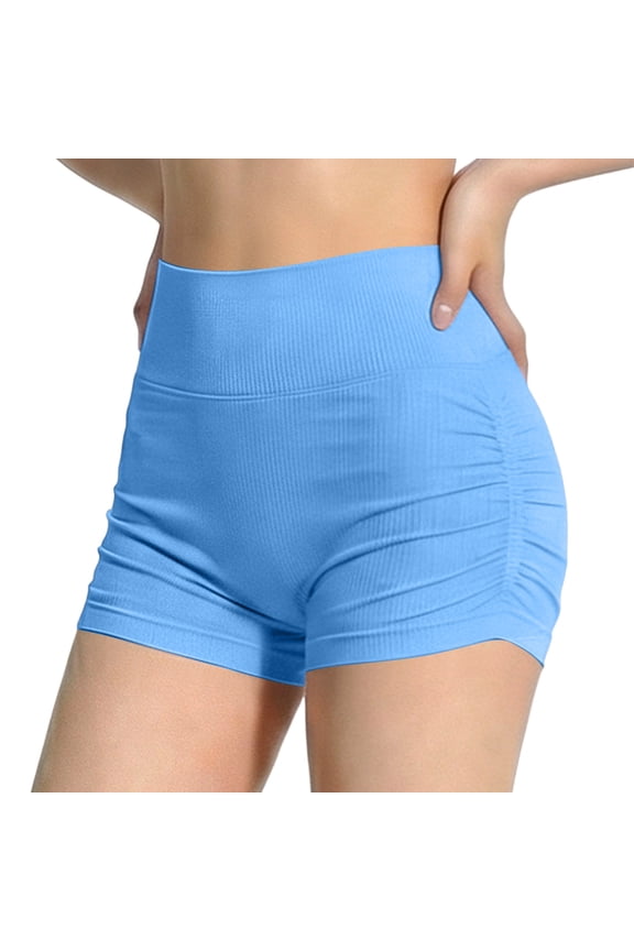 Women's High Waisted Ribbed Yoga Shorts Ruched Butt Lifting Workout Shorts Seamless Stretch Fitness Shorts Everyday Pilates & Gym Shorts for Women(Sky Blue,M)