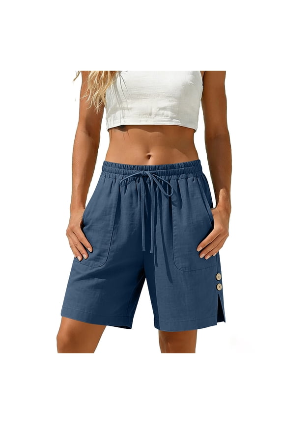 Women's High Waisted Solid Color Shorts with Elastic Waist Drawstring Split Side Pockets Multifunctional All Season Fashion Essentials(Blue,L)