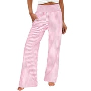 Floleo Womens High Waisted Straight Leg Wide Leg Striped Pants with Elastic Waist Casual Loose Fit with Pockets Suitable for Work Dating Beach All Season Wear 2026Pink,L