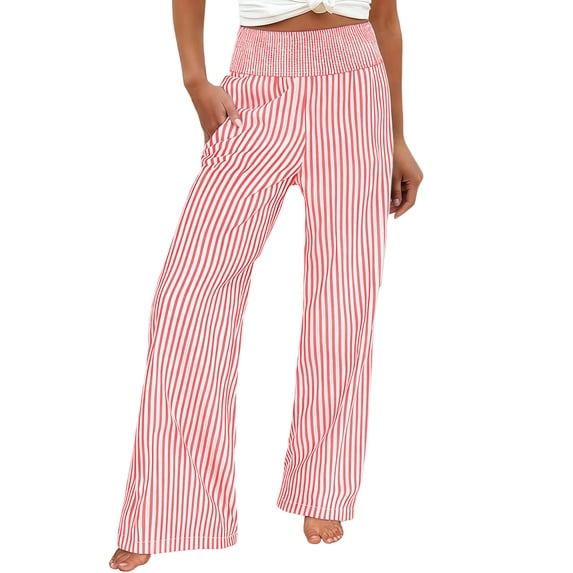 Floleo Women's High Waisted Straight Leg Wide Leg Striped Pants with Elastic Waist Casual Loose Fit with Pockets Suitable for Work Dating Beach All Season Wear 2026(Red,XL)