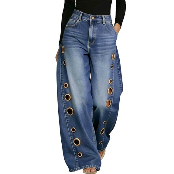 Floleo Women's High Waisted Wide Leg Denim Jeans with Metal Grommet Side Detail Casual Loose Fit Streetwear Fashion Trendy Everyday Wear Bottoms