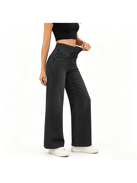 Women's High Waisted Wide Leg Jeans Pull-On Elastic Waist Denim Pants with Classic Pockets Casual Stretch Trousers for All-Season Wear(Black,S)