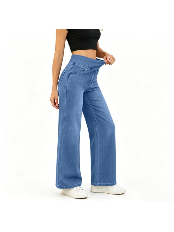 Women's High Waisted Wide Leg Jeans Pull-On Elastic Waist Denim Pants with Classic Pockets Casual Stretch Trousers for All-Season Wear(Blue,XL)